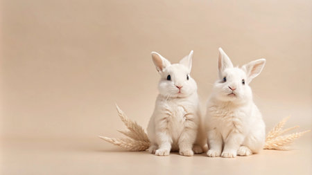 Two white bunnies sitting on a beige background, with dried grass.の素材
