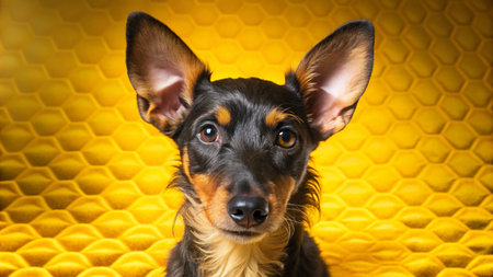 A black and brown dog with big ears looking at the camera against a yellow honeycomb background.の素材