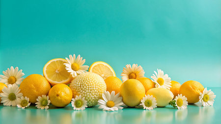 A group of lemons and daisies arranged in a row on a teal blue background.の素材