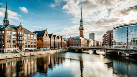 A picturesque cityscape with a river flowing through it. The buildings are brick and have a traditional European style.  There is a bridge over the river, and the sky is blue with some clouds.の素材