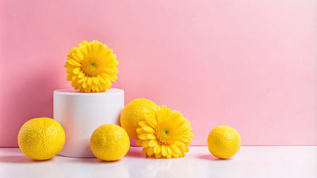 Three lemons and two yellow flowers on white platform with pink background.の素材