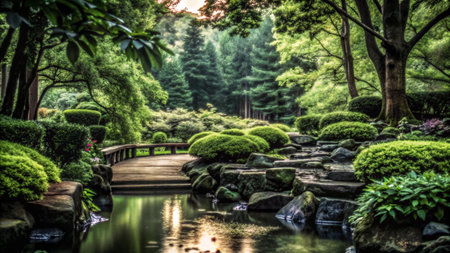 Tranquil Japanese garden with wooden bridge, flowing stream, and lush greenery.の素材
