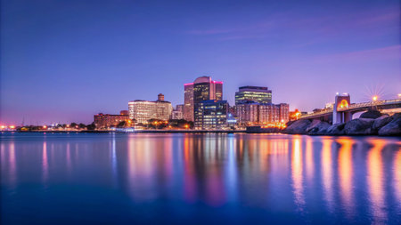 A city skyline with a bridge over a river at dusk.の素材