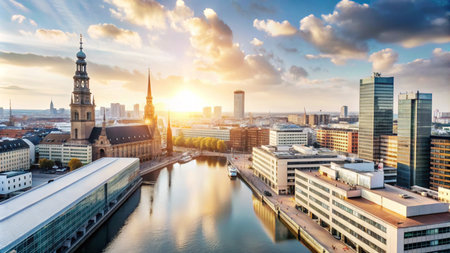 A beautiful aerial view of a cityscape with a river running through it, as the sun sets behind the buildings.の素材