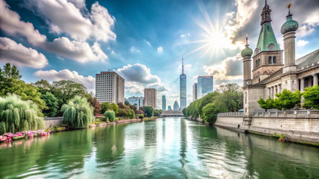 A panoramic view of a city skyline with a river running through it, with a church and modern skyscrapers in the background.の素材