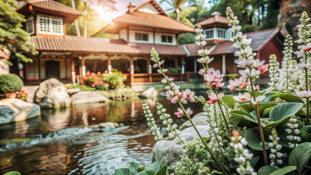 Close up of a flower in a Japanese garden with a house and pond in the background.の素材
