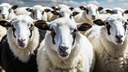A flock of sheep with black and white faces look directly at the camera.の素材