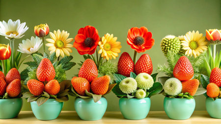 A row of six small green pots filled with fake flowers and strawberries against a green background.の素材