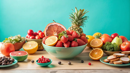 A colorful assortment of fresh fruits, vegetables, and nuts in a bowl on a wooden table.の素材