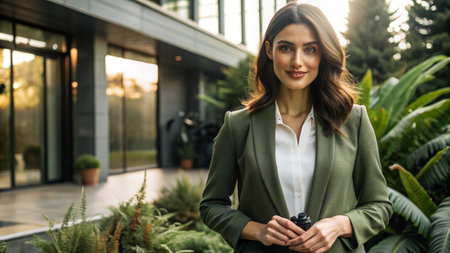A confident businesswoman stands outside a modern building, looking at the camera with a smile.の素材
