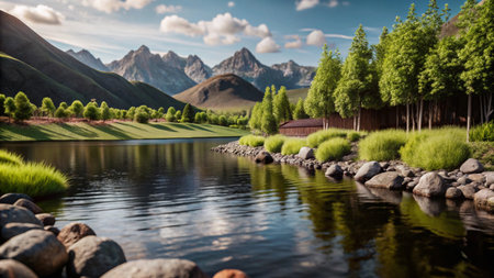 Tranquil mountain lake scene with a wooden cabin, trees, and rocks.の素材