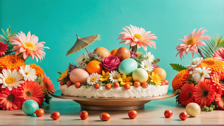 Colorful Easter eggs and flowers in a festive arrangement with a small umbrella.の素材