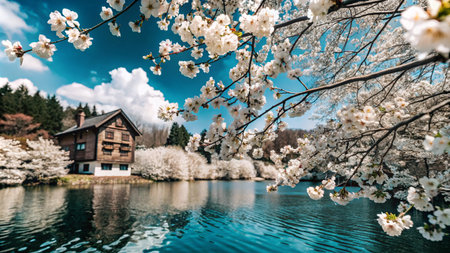 A charming wooden house nestled amidst a picturesque landscape of cherry blossoms in full bloom, reflecting in a serene lake.の素材