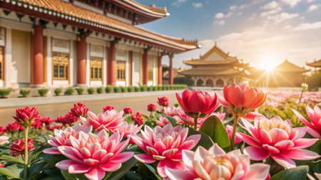 Pink lotus flowers bloom in the foreground of a traditional Chinese temple with a vibrant blue sky and sun shining through the trees.の素材
