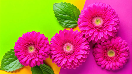 Pink gerbera daisies with green leaves on a vibrant yellow, green, and pink background.の素材
