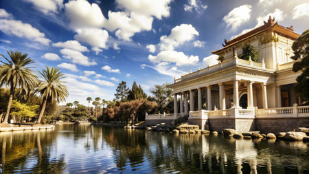 A picturesque white building with a pond and palm trees in the foreground under a bright blue sky with white clouds.の素材