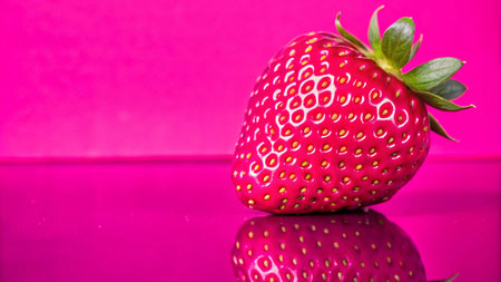 A single, ripe strawberry with green leaves sits on a bright pink surface, reflecting in the shiny surface.の素材