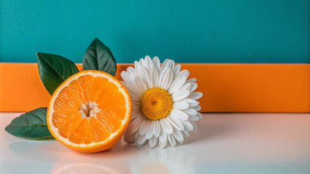 A half of orange with green leaves and a white daisy on a white surface with a teal and orange background.の素材