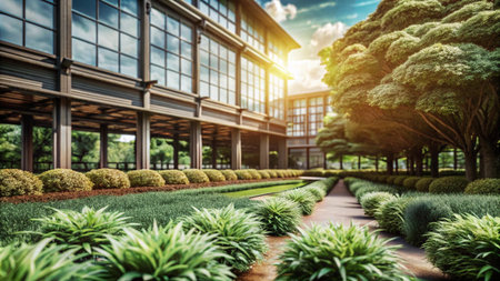 Modern office building with lush greenery and a pathway leading to the entrance.の素材
