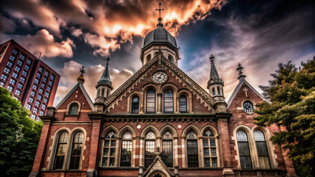 An old brick church with a cross on top, a clock face and many windows.の素材