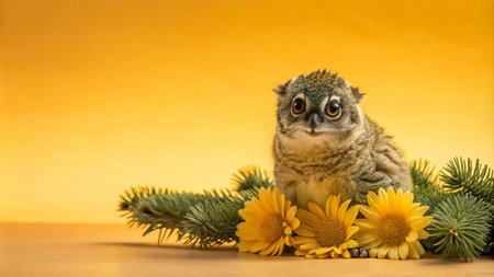 A small owl with large eyes sits among yellow sunflowers and green pine branches on a yellow background.の素材