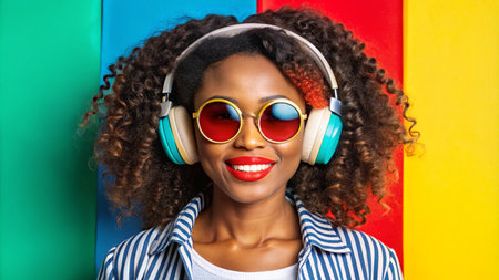 A young woman with curly hair and sunglasses listens to music with headphones against a colorful background.の素材