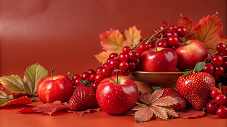 Red apples, strawberries, and grapes with autumn leaves on a brown background.の素材