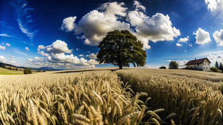 A solitary tree stands tall in a golden wheat field under a bright blue sky with puffy clouds.の素材