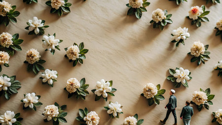 Two miniature figures walking among white flowers on a light wood background.の素材