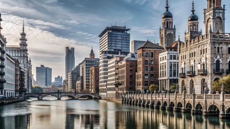 A scenic cityscape with a river flowing through it, with historic buildings and modern skyscrapers in the background.の素材