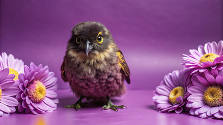 A small brown bird with yellow eyes sits among purple flowers on a purple background.の素材