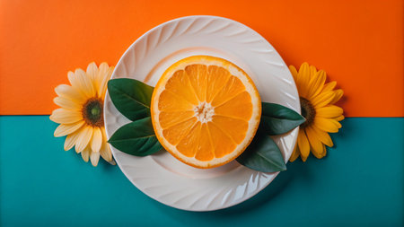 A half orange on a white plate with green leaves and yellow flowers on a teal and orange background.の素材
