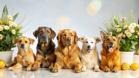 Five dogs of different breeds, sitting in a row, looking at the camera, with flowers in the background.の素材