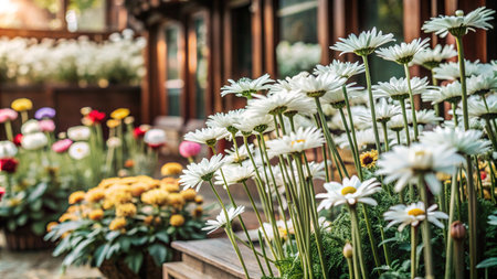 White daisies in bloom with colorful flowers in the background.の素材