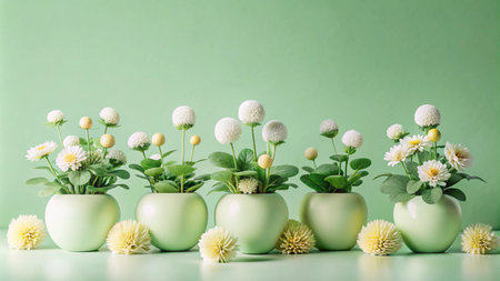 Row of white flowers in green pots on green background.の素材