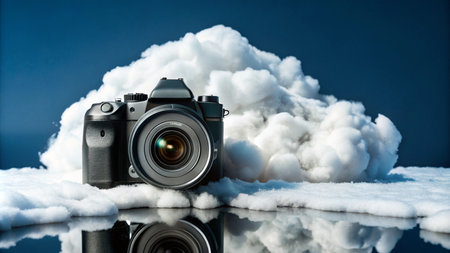 A digital camera sits on a cloud of cotton, a concept for cloud storage and digital photography.の素材