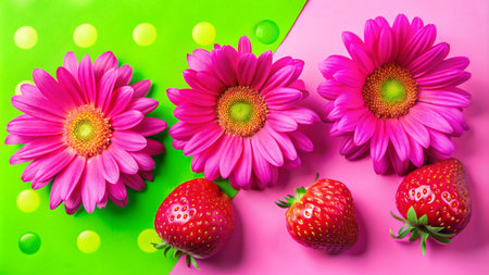 Three pink gerbera daisies and three strawberries on a green and pink background.の素材