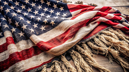 Close up of a worn American flag with red, white, and blue stripes and 50 white stars on a blue field.の素材