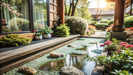 Tranquil Japanese garden with stone pathway and pond.の素材