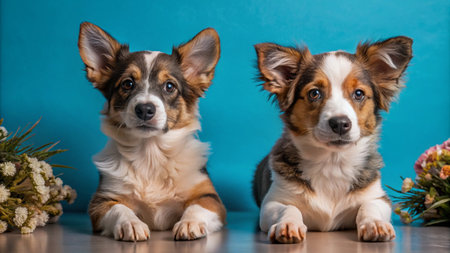 Two adorable puppies with big ears and curious eyes, posing in front of a blue background.の素材