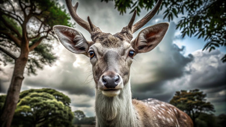 A deer with large antlers looks directly at the camera with a curious expression.の素材