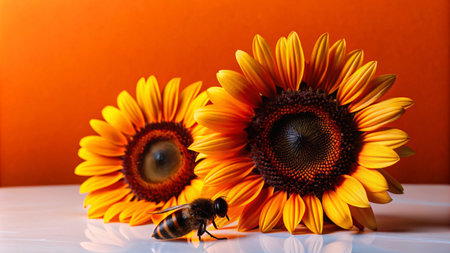 A bee pollinates two sunflowers on a white surface against a vibrant orange background.の素材