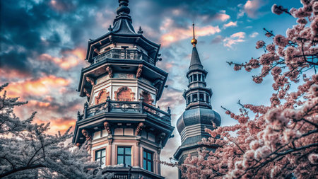 A Pagoda and a Spire stand tall against a dramatic, colorful sky, framed by blooming cherry blossoms.の素材