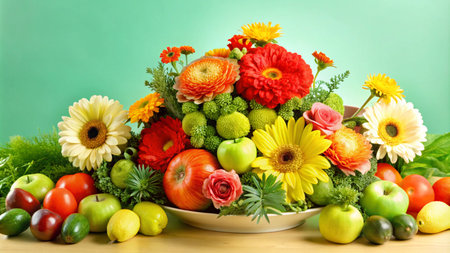 A colorful arrangement of fresh flowers and fruit in a white bowl on a wooden table with a green background.の素材
