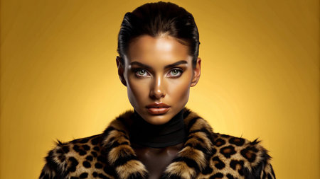A woman with a serious expression looks directly at the camera, wearing a leopard print coat on a yellow background.の素材