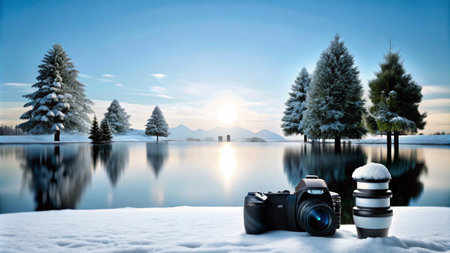 A camera and lens on the snow with a winter landscape behind it.の素材