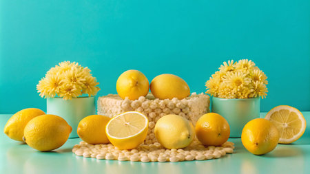 Fresh lemons and flowers arranged on a teal background.の素材