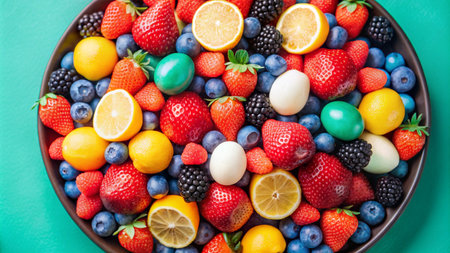 A plate filled with colorful Easter eggs, strawberries, blueberries, blackberries, and lemon slices.の素材