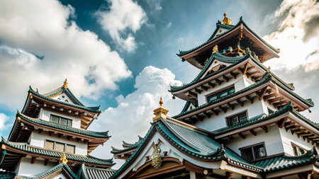 A low angle shot of a traditional Japanese pagoda with ornate details against a bright blue sky.の素材