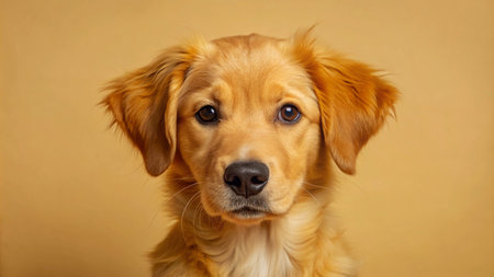 Close-up portrait of a golden retriever puppy looking directly at the camera with a soft, curious expression on a light brown background.の素材